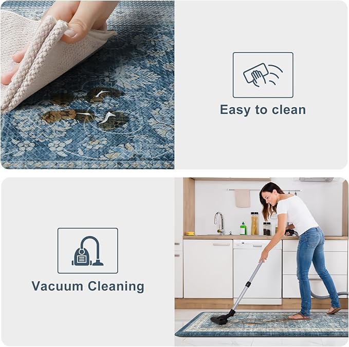 KIMODE Anti Fatigue Kitchen Mats 17.3" x 47"+17.3" x 29", Boho Blue Kitchen Rugs Sets of 2, Non Slip Waterproof Kitchen Floor Mats, Vintage Memory Foam Kitchen Mat for Sink, Laundry, Desk