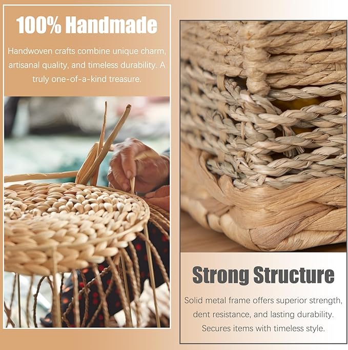 Wicker Storage Baskets with Lids Natural Handmade Scalloped Rattan Box Decorative Bohemian Removable Tray Lid Handles Water Hyacinth Seagrass Paper Rope Woven Bins Container (Small)