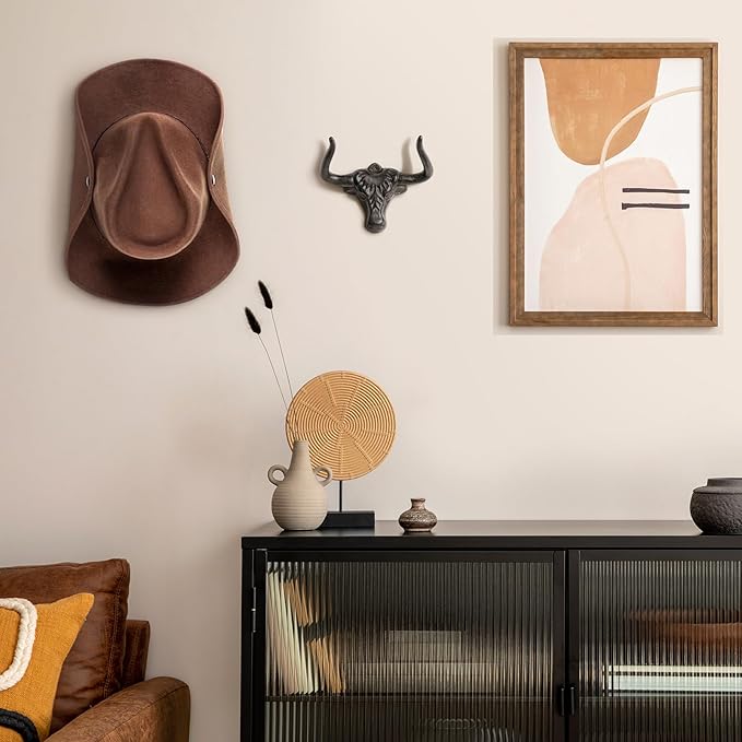 Cowboy Hat Rack for Wall 2 Pack Cowboy Hat Hook Cast Iron Hat Holder Cowgirl Hat Hanger Vintage Western Wall Decor Longhorn Hooks for Hat Storage and Organization Cow Decor Western Gift Rust