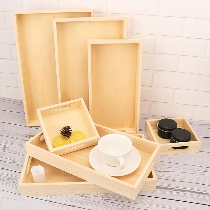 7 PCS Wooden Nested Serving Trays with Handles- Rectangular Wood Crafts Trays for Organizing, Wooden Serving Trays for Serving, Kitchen, Breakfast, Parties and Home Decor