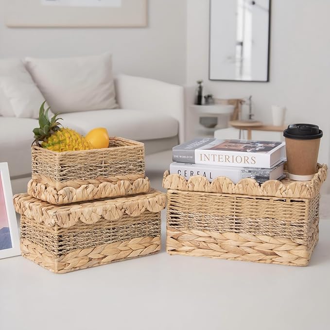 Wicker Storage Baskets with Lids Natural Handmade Scalloped Rattan Box Decorative Bohemian Removable Tray Lid Handles Water Hyacinth Seagrass Paper Rope Woven Bins Container (Small)