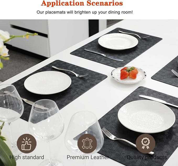 Vinyl Placemats Set of 4 Heat Resistant Easy Clean Non-Slip Place Mats for Dining Table. Faux Leather Waterproof Stain Resistant Wipeable Washable PU Table Mats(4, Black)