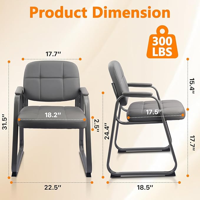 CLATINA Waiting Room Guest Chair with Bonded Leather Padded Arm Rest for Office Reception and Conference Desk Black with Sled Base Grey 1Pack