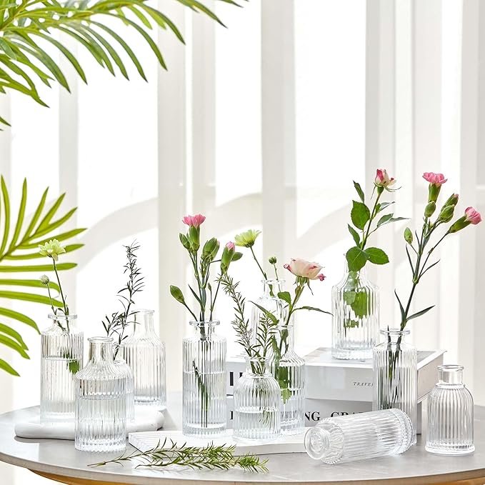 36 Sets Mini Small Vases for Flowers Bulk Glass Ribbed Bud Vases Set for Centerpiece Table Decorative Wedding Reception, Housewarming Gift Holiday Christmas
