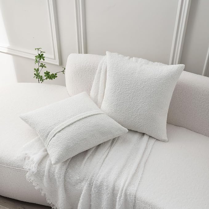 FUTEI Pack of 2 White Decorative Throw Pillow Covers 20x20 Inch Soft Cozy Solid Boucle Textured Cushion Case,Modern Home Decor for Couch Bed Living Room