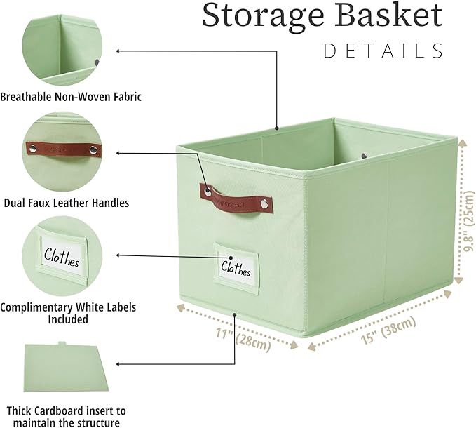 DECOMOMO Storage Baskets for Shelves - Large 15"x11"x10" Foldable Fabric Storage Bins, Baskets for Organizing with Labels (Green, 4pcs)