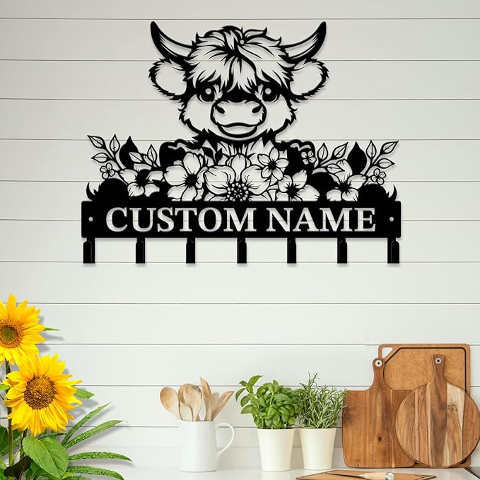 magilab Personalized Custom Highland Cow Wall Hooks,Metal Highland Cow Art Clothes Hooks,Metal Highland Cow Wall Home Storage Decorative,for Front Door, Hallway, Kitchen, Bedroom,Keys,Hats (Style H)