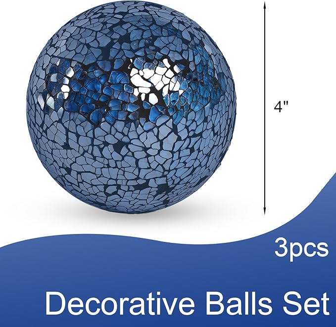 DomeStar 3PCS Decorative Balls, Mosaic Glass Orbs Centerpiece Balls 4inch Dark Blue Orbs for Decorate Bowls Vases Tables Wedding Party