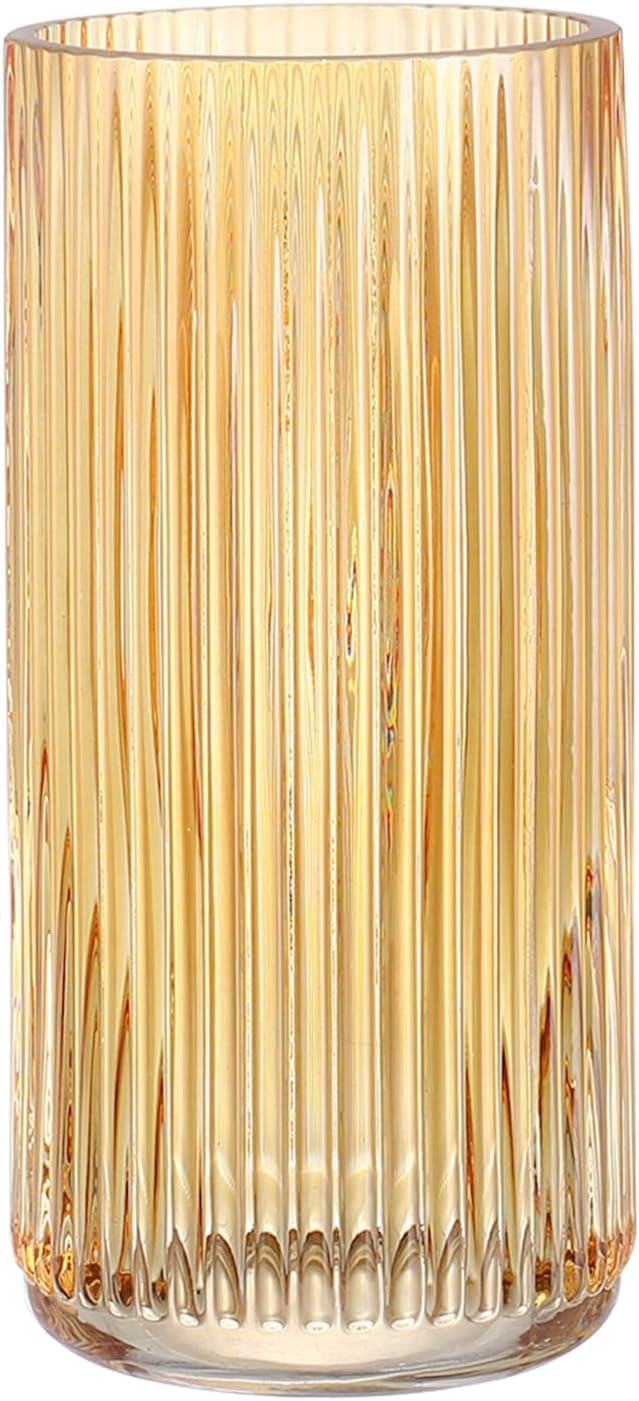 Ribbed Glass Vase, Flower Vases for Bouquet, Amber Glass Vases for Flowers, Modern Ribbed Vase for Living Room, Bathroom, Dining Table, Office, Wedding, Centerpieces, 8 Inches