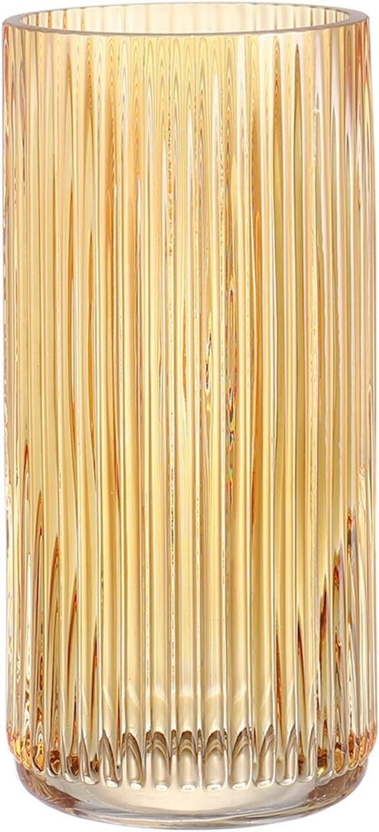 Ribbed Glass Vase, Flower Vases for Bouquet, Amber Glass Vases for Flowers, Modern Ribbed Vase for Living Room, Bathroom, Dining Table, Office, Wedding, Centerpieces, 8 Inches