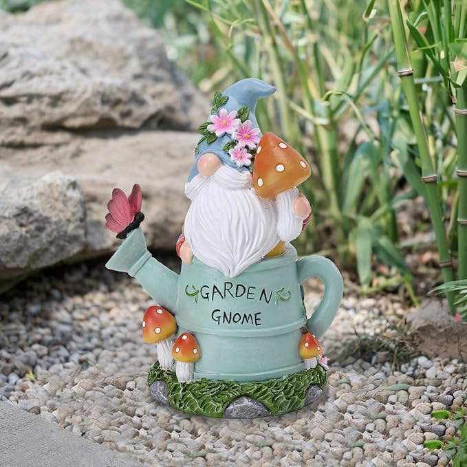 Garden Gnome Statue, Solar Powered Gnome Outdoor Decorations with Watering Can Shape - Resin Gnome Figurine with Mushroom Solar Lights for Porch Patio Lawn Yard Art Decor, Gift for Mom