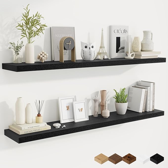 Fun Memories 55 Inch Fireplace Mantel Shelf, 9.3" Deep Floating Shelves for Wall, Long Wall Mounted Farmhouse Display Shelves with Invisible Heavy Duty Metal Bracket, Black, 2 Pack