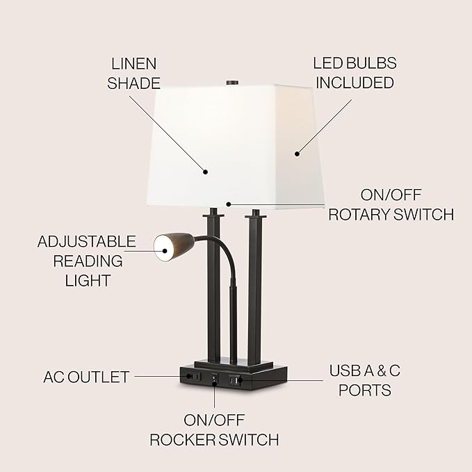 JONATHAN Y JYL1144A Blaire 23.75" 2-Light Modern Farmhouse Metal LED Table Lamp with USB Charging Port for Bedroom, Living Room, Office, Adjustable Reading Light and AC Outlet, Oil Rubbed Bronze