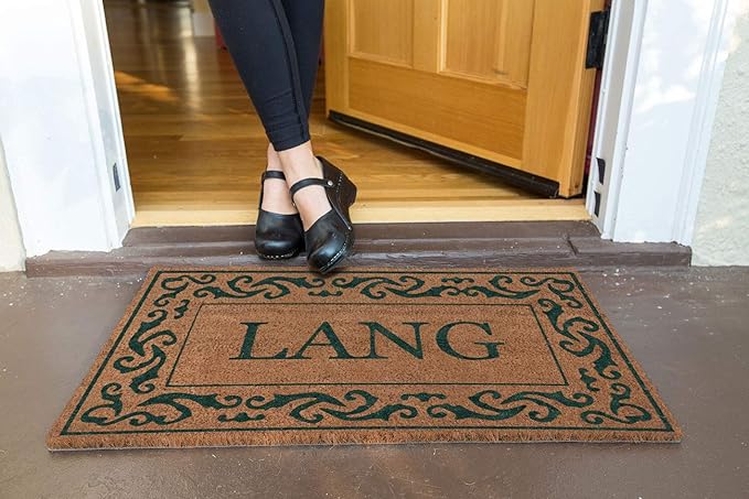COCO MATS 'N MORE Green Rolling Scrolls Bordered Personalized Coco Doormat 18" x 30" with Vinyl Backing | Personalized Doormats for Outdoor Entrance | Tough Coconut Husk Bristles Locks Dirt Out