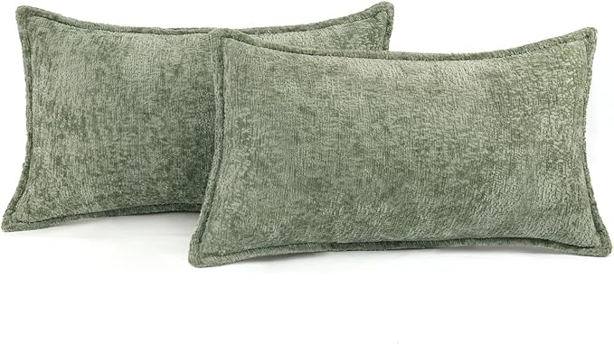 DEZENE Pack of 2 Sage Green Christmas Decorative Throw Pillow Covers 12x20 Cozy Soft Chenille Accent Vintage Rectangular Lumbar Couch Pillow Covers for Home Decor Bed Sofa Living Room