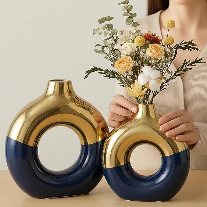 Blue and Gold Vase Decor Donut Vase Set of 2 - Circle Hollow Vases, Modern Matte Ceramic Vases for Entryway Living Room Bedroom Dining Table Centerpiece Office Home Decor