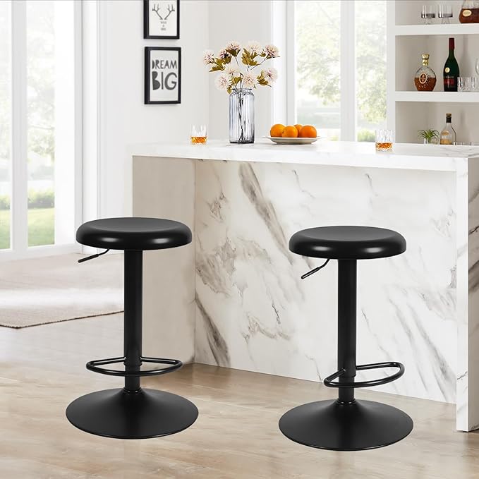 Adjustable Bar Stools, Swivel Backless Round Metal Airlift Barstools with Footrest, Counter Height Bar Chairs Set of 2 for Kitchen, Pub, Cafe, Black