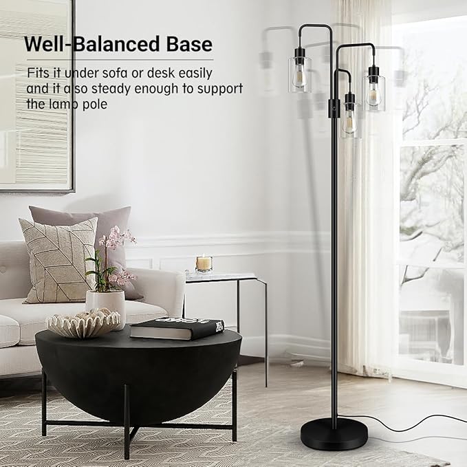 BoostArea Industrial Floor Lamp for Living Room,Glass Lampshade,Modern Stand Up Lamp with 3 Light,Simple Design Floor Lamp for Bedroom, Living Room, Office, Kids Room, Reading