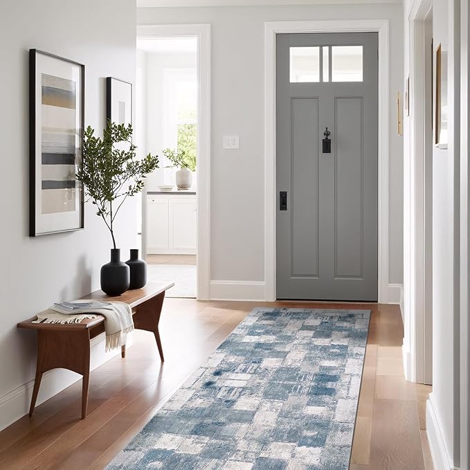 Beverly Rug Modern Abstract Runner Rug 2x7 Luxury Ultra Soft Vintage Indoor Area Rugs for Living Room Stain Resistant Non Shedding Indoor Carpet Alfombras para Salas Modernas (2 x 7 Navy Blue)