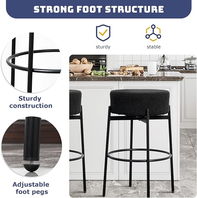 SoarFlash Modern Rotatable Bar Stools Set of 2, 30" Sherpa Swivel Counter Height Stools with Round Soft Padded Boucle Backless Seat, Black