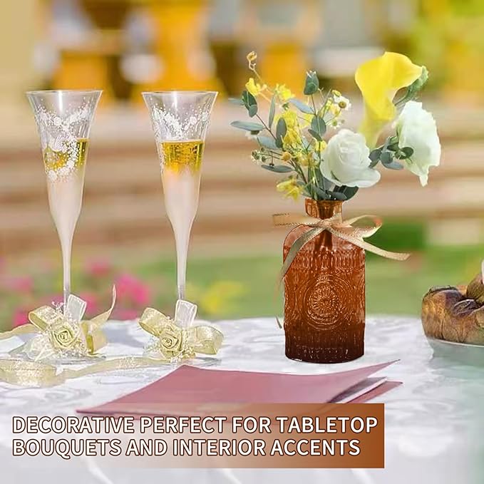 KUAGUINZUHE 12 Pcs Glass Bud Vase Set, Small Amber Vintage Flower Vases for Wedding Centerpieces in Bulk, Mini Embossed Vases for Home Table Decor, Party, Baby Shower Decorations