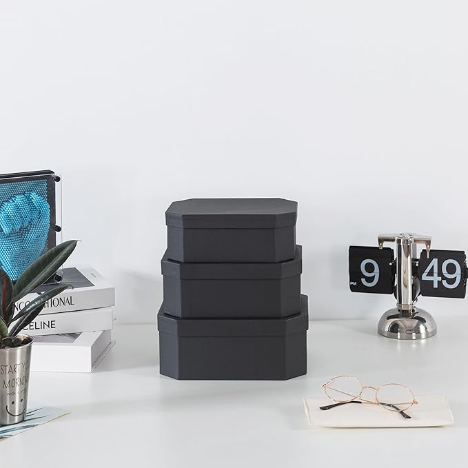 Soul & Lane Octagon Textured Decorative Boxes in Black - Set of 3: Unique Nesting Gift Set, Durable Cardboard Storage for Organizing, Memory Boxes for Keepsakes