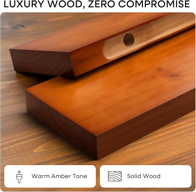 Homeforia Oak Floating Shelves 30 inch Long, High End Solid Real Wood 30inch Floating Shelf for Wall Mounted, Honey Oak Wooden 30in Floating Shelves, Heavy Duty Bracket, 30 X 6.5 X 1.75 in, Set of 2