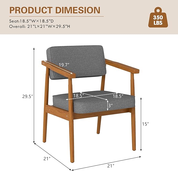 LSSPAID Mid Century Dining Chair Set of 1, Grey Fabric Upholstered with Walnut Finished Handrails Comfy Backrest, Farmhouse Dining Room Chairs for Kitchen, Living Space & Restaurant