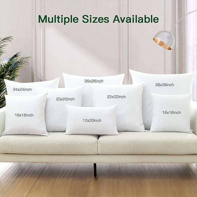 OTOSTAR Pack of 2 Down and Feather Throw Pillow Inserts, 26 x 26 Soft Fluffy Square Pillow Inserts with 100% Cotton Cover Decorative Pillows for Sofa Couch Bed-White