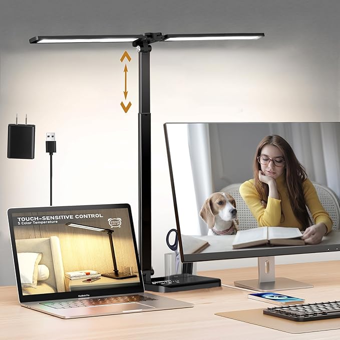 Retractable Dimmable LED Desk Lamp with USB Charging Port, 50 Lighting Modes Dual Swing Arm Architect Adjustable Table Lamp Light Desk Lamp for Home Office Dorm Piano Nail, Black