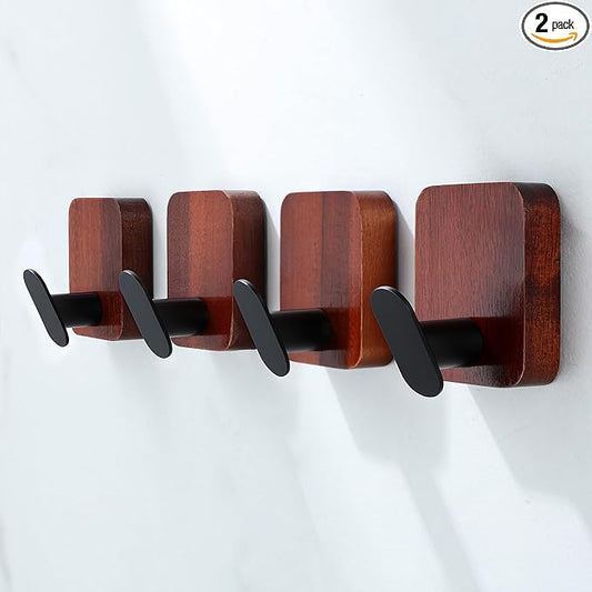 DELITON Acacia Wooden Towel Hooks Red Brown, 4 Pack Sticky Hooks for Hanging Towels, Coat, Hat, Robe, Heavy Duty, No Damage