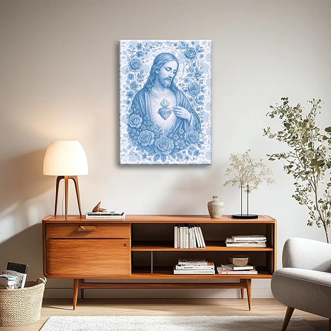 Blue Sacred Heart of Jesus Canvas Wall Art Divine Mercy Wall Decor Jesus Portrait Pictures Catholic Artwork Christian Religious Poster Prints for Bedroom Living Room Prayer Room Church 16x24in