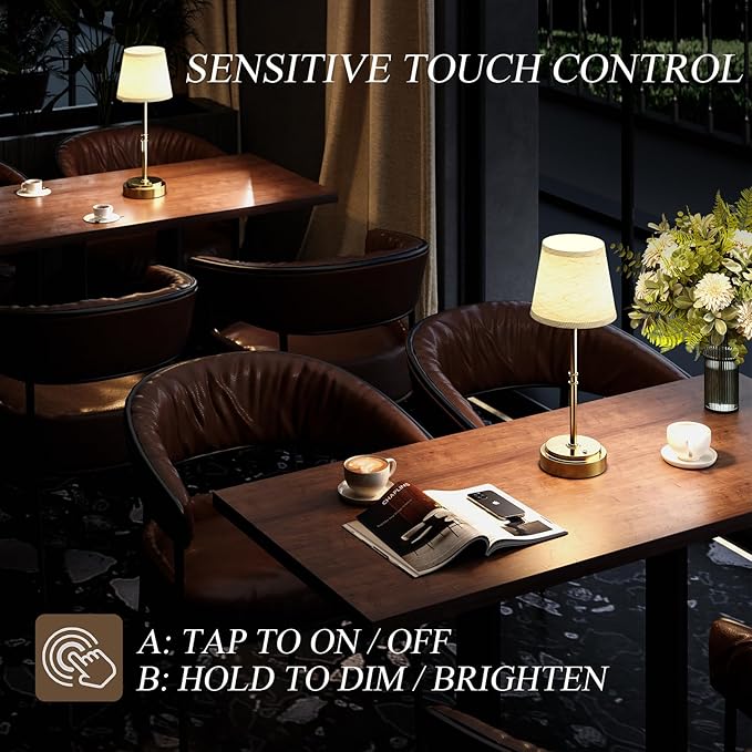 Cordless Table Lamp Rechargeable, Antique Brass LED Touch Lamp with 7500mAh Battery - Portable Dimmable Light for Dining Room, Patio & Bedroom, 2-in-1 Adjustable Height (16"/11", Warm White)
