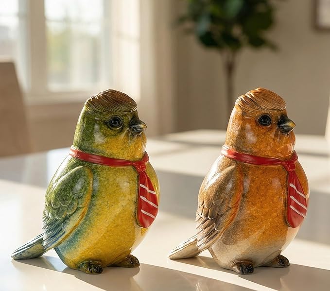 VVGIFTS Decorative Robin Bird Figurines, Set of 2 Resin Sculptures, Two Colors and with Red Scarves for Home and Office Decor