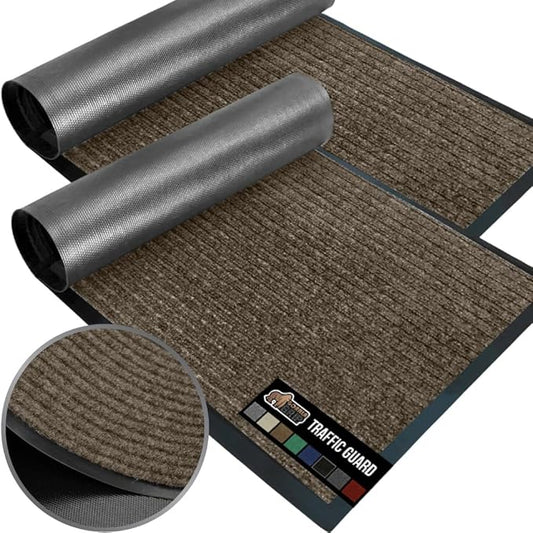 GORILLA GRIP Waterproof Traffic Guard Door Mat, 2 Pack Heavy Duty Entryway Mats, Strong Backing Commercial Utility Rugs for Office Hallway, Garage Floor and Home, Low Profile Carpet, 35x23, Brown