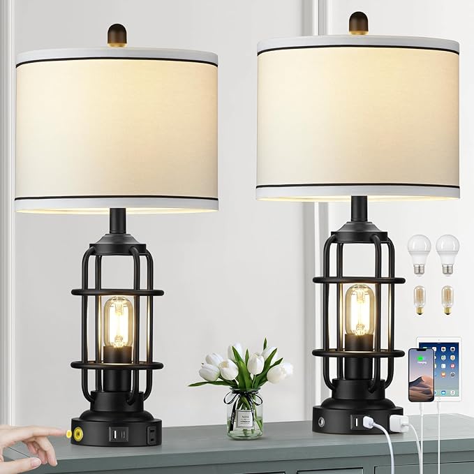 Modern Table Lamps, Industrial 3-Way Dimmable Bedside Lamp with USB A+C Ports & AC Outlet, Touch Control Rustic Nightstand Lamp LED Night Light for Living Room Bedroom Decor Home(4 Bulbs Included)