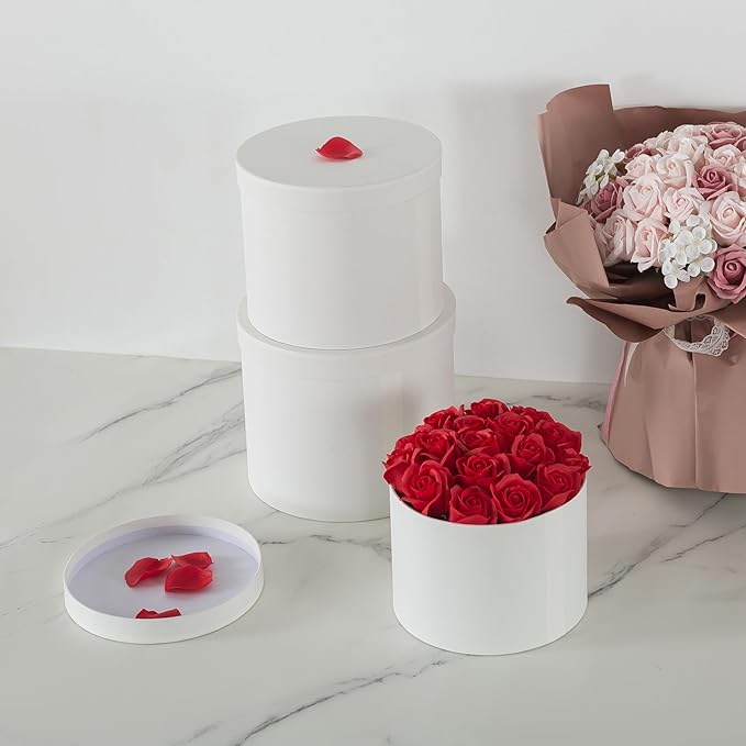 Soul & Lane Round Gift Boxes with Lids – Set of 3 Circular Boxes for Flowers, Bouquets & Arrangements, White Cardboard Cylinder Gift Box Set for Roses, Décor and Special Presentations