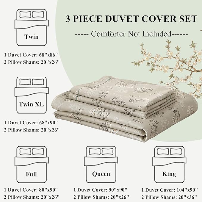 LifeTB Boho Floral Duvet Cover Twin Kids Girl Garden Style Bedding Sets 100% Cotton White Beige Sage Green Floral Branches Pattern Comforter Cover Lightweight Soft Chic Floral Bedding Collection