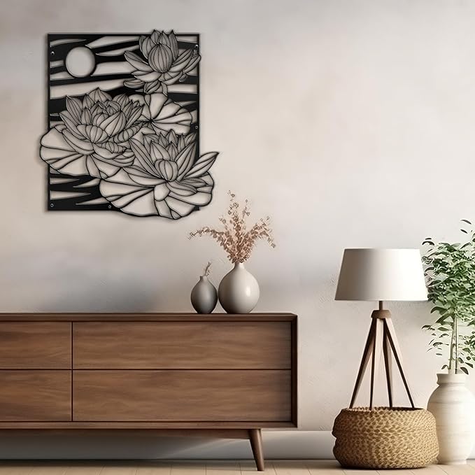 SIGNLEADER Metal Wall Art Decor Lotus, Moonlight Minimalist Modern Abstract Wall Sculpture Hangings Home Decoration for Living Room, Bedroom, Bathroom, Kitchen, Outdoor - 18" Black