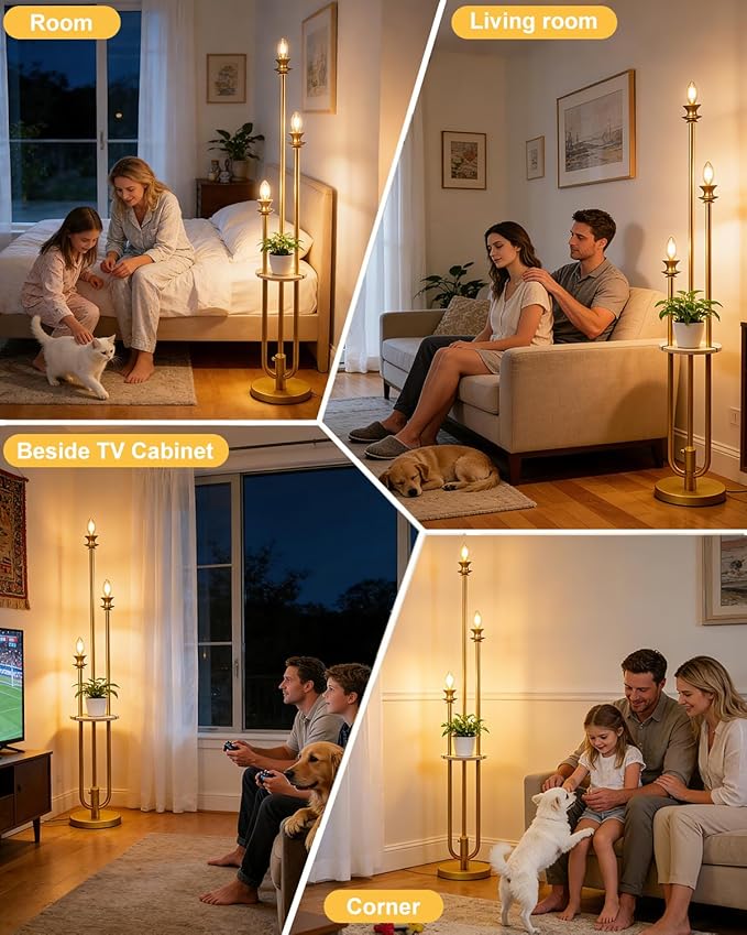 Lightdot Gold Dimmable Floor Lamp with Table, Modern Floor Lamps for Living Room, 3000K Warm Lights Tall Standing Lamp with Candle Bulb for Bedroom/Home Office