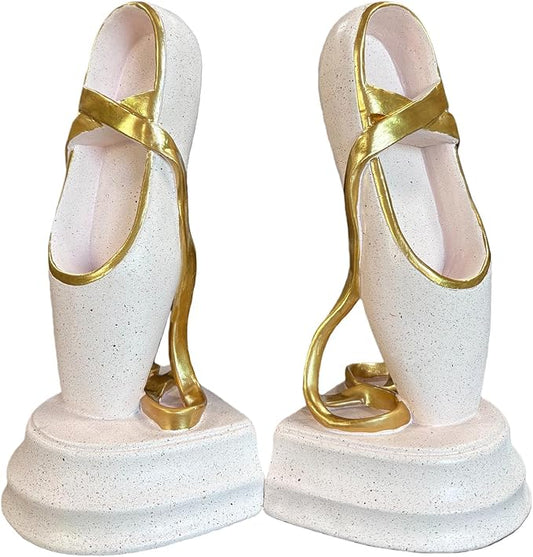Ballet Shoes Bookends Set of 2 – Pink Resin Book Stoppers with Golden Ribbons, Elegant Decorative Book Ends for Girls’ Room, Bookshelf, and Office Decor