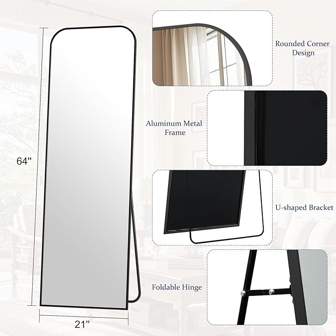 Full Length Mirror 64"x21" Arched Floor Standing Large Mirrors Full Body Mirror with Stand - with Aluminum Frame for Bedroom Living Room, Black