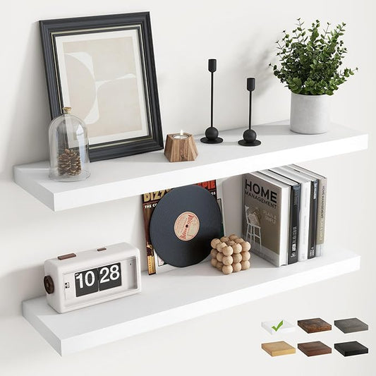Floating Shelves for Wall with Invisible Brackets, Wall Mounted Engineered Wood Shelves with Wood Grain for Living Room, Bedroom, Bathroom, Kitchen Decor and Storage, Oak, 36"L Set of 2, White