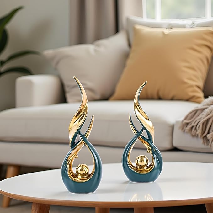 XMGZQ Gold Ceramic Abstract 2 Piece Statue Set,Mid Century Modern Abstract Art Home Decor Statue Mantelpiece on Unique Shelf Decor, TV Cabinet Divider Table top and Dining Table Centerpiece (Green)