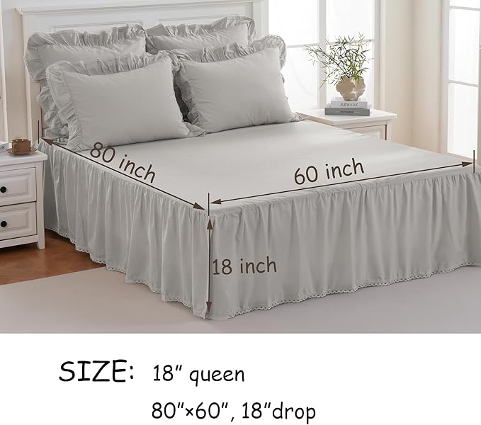 Vlocemon Queen Size 18 inch Drop Light Grey Dust Ruffle, Crochet Edge Lace, Lightweight 100% Cotton, French Coutry Style Ruffled Bed Skirt with Split Corners
