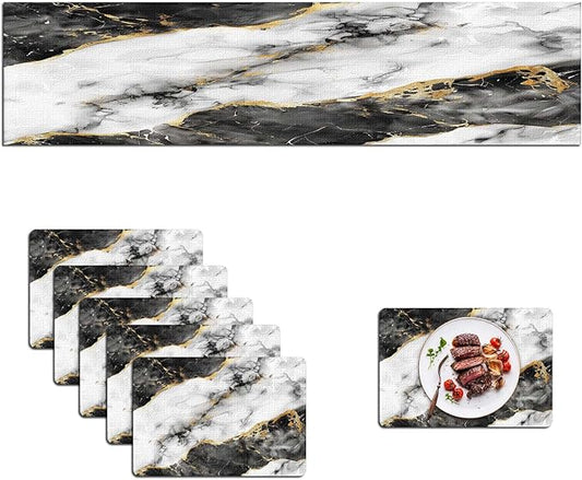 Mcalk Black Marble Table Runner and Placemats Set of 6, Marble Print Placemats, Modern Cloth Place Mats Indoor for Kitchen,Washable Linen Material for Dining Table