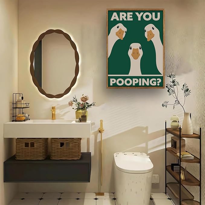 RVETNGVM Funny Three Geese Wall Art Are You Pooping Vintage Bathroom Decor Poster Animals Goosey Humorous Bathroom Aesthetic Prints Painting For Fun Restroom Wall Decor Framed 16"x24"