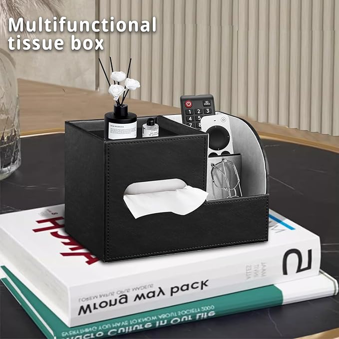 PU Leather Tissue Box Cover Square,Tissue Box Holder Organizer with Storage Tray and Remote Control Holder for Bathroom Countertop Night Stands Bedroom Office Desk,Napkin Caddy Decorative Black