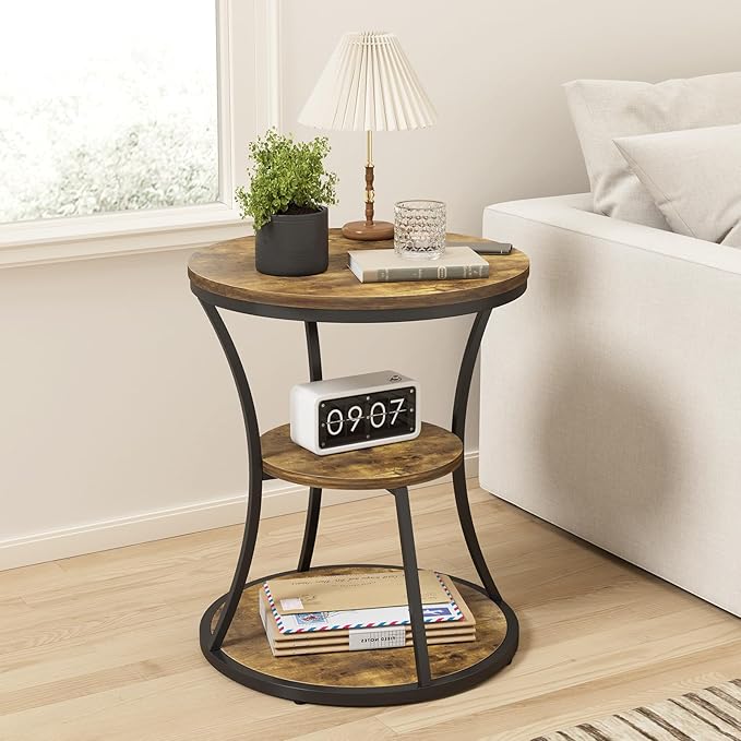 19.69 inches Round End Table,3 Tier Side Table with Storage Shelf,Compact Coffee Table and Tea Sofa Table,Vintage Nightstand for Living Room Bedroom Study Small Spaces ,Rustic Brown and Black