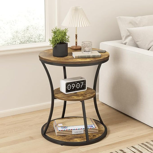 19.69 inches Round End Table,3 Tier Side Table with Storage Shelf,Compact Coffee Table and Tea Sofa Table,Vintage Nightstand for Living Room Bedroom Study Small Spaces ,Rustic Brown and Black